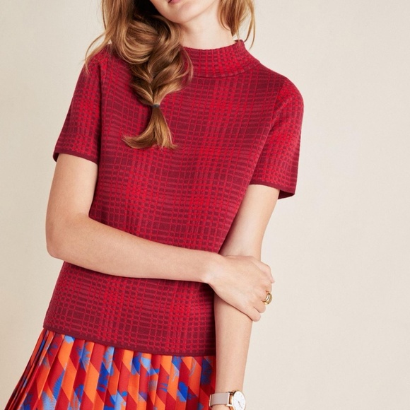 NWT Anthropologie Red Field Flower Celina Sweater Tee Large - Picture 1 of 8